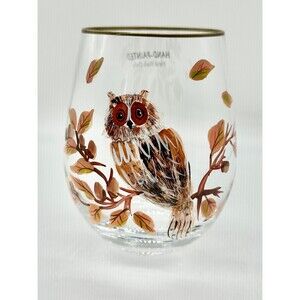 Hand-painted Owl stemless wine glass with Autumn leaves.